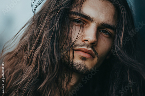Young attractive man with beard and long brunette hair