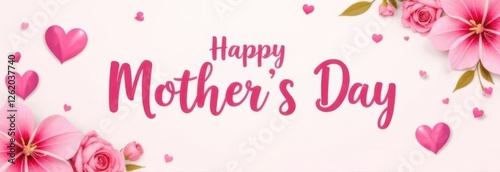 Happy mother's day banner with pink flowers and hearts