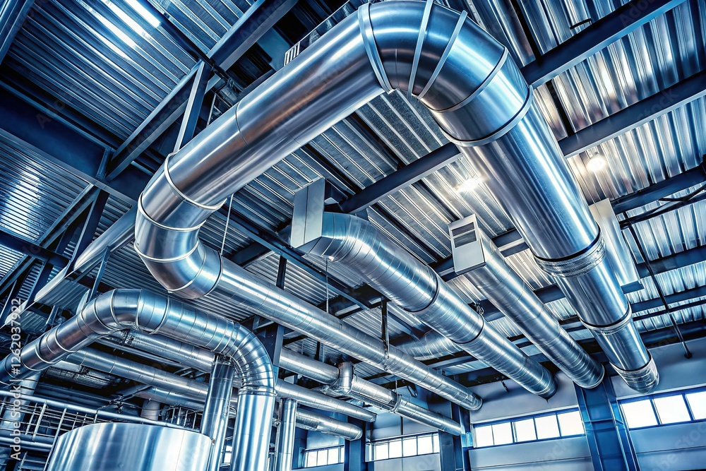 Obraz premium Industrial Interior: Shiny Silver Ventilation Pipes Hanging from High Ceiling
