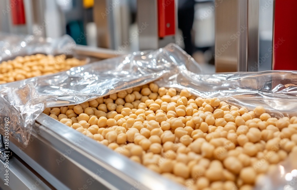 Close-up of chickpeas on a conveyor belt during food processing. (1) Close-up of chickpeas on a conveyor belt during food processing. (1)