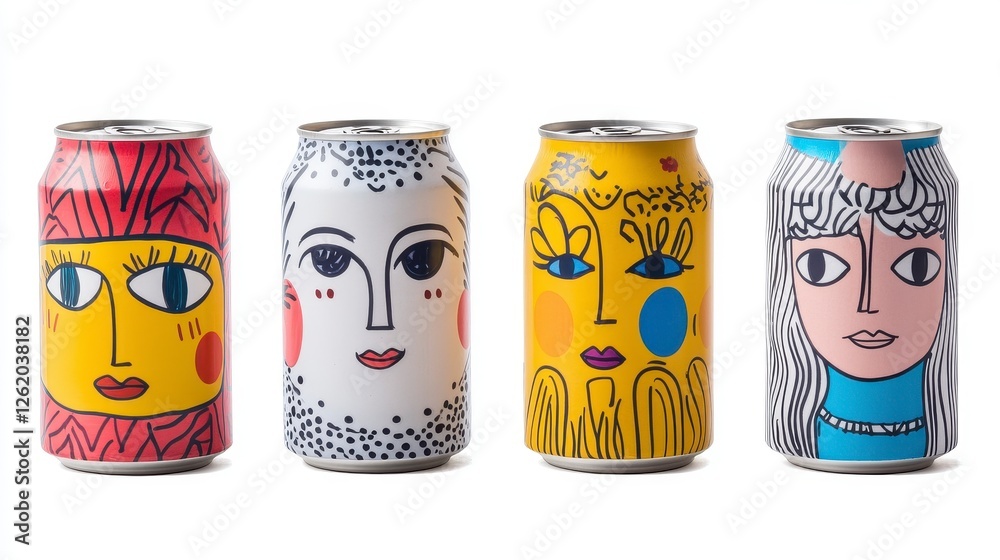 Colorful Illustrated Cans with Stylized Faces Colorful Illustrated Cans with Stylized Faces