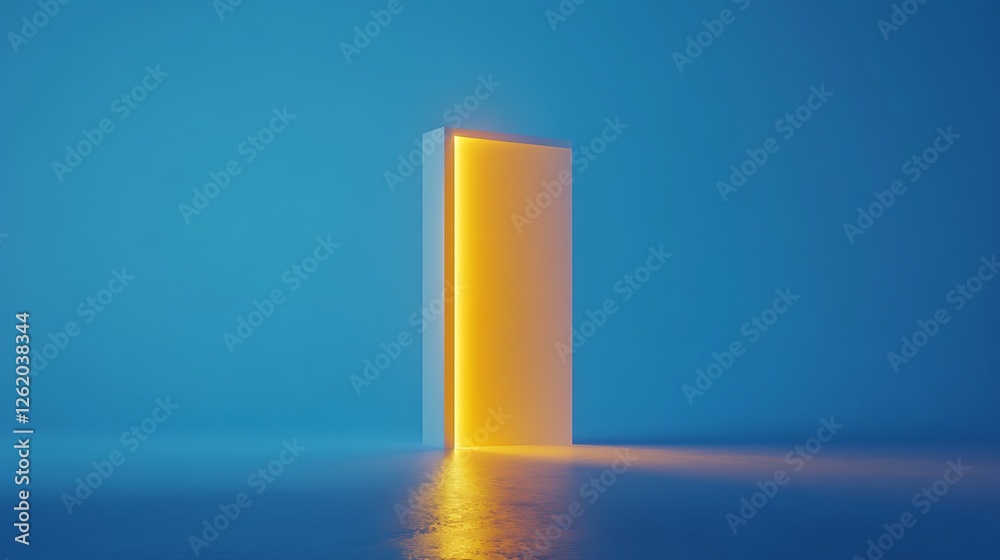Glowing orange light illuminates a white door in a blue room.