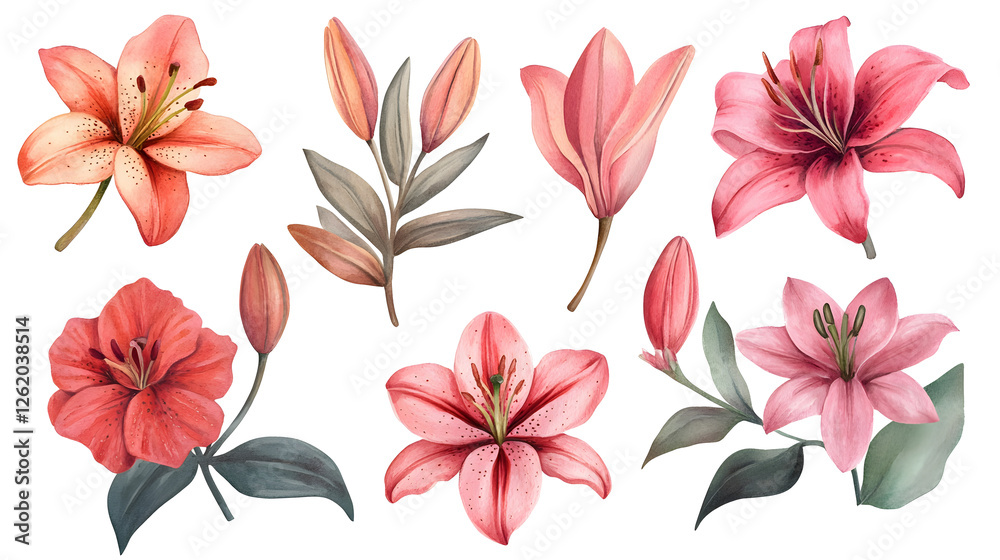 Obraz premium Pink and coral lilies in watercolor style