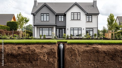 House with underground pipe cross section on soil. Plumbing infrastructure