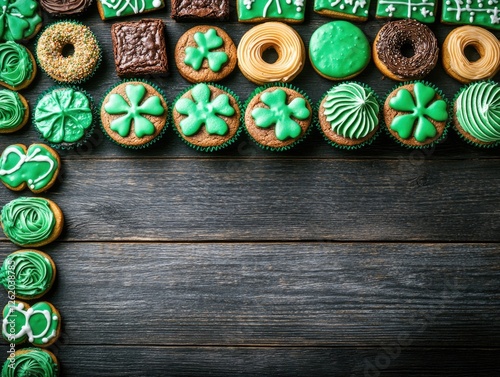 Dozens of green cookies decorated with four leaf clovers, perfect for a St. Patrick's Day party or festive gathering. photo