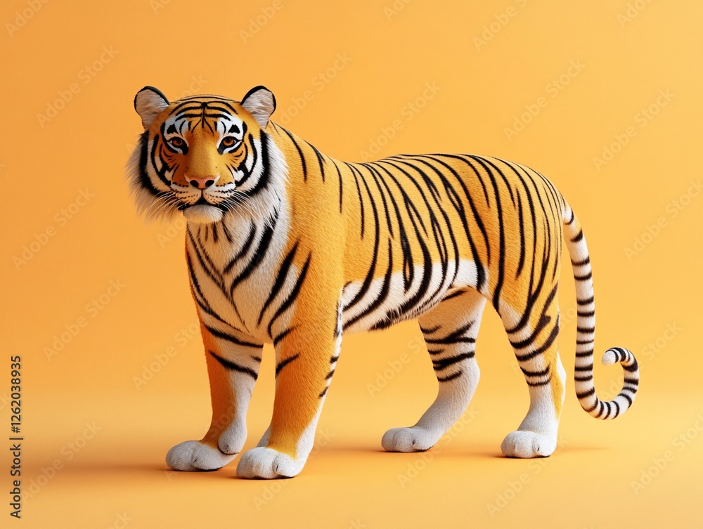 Obraz premium A majestic Bengal tiger stands on a solid orange background.