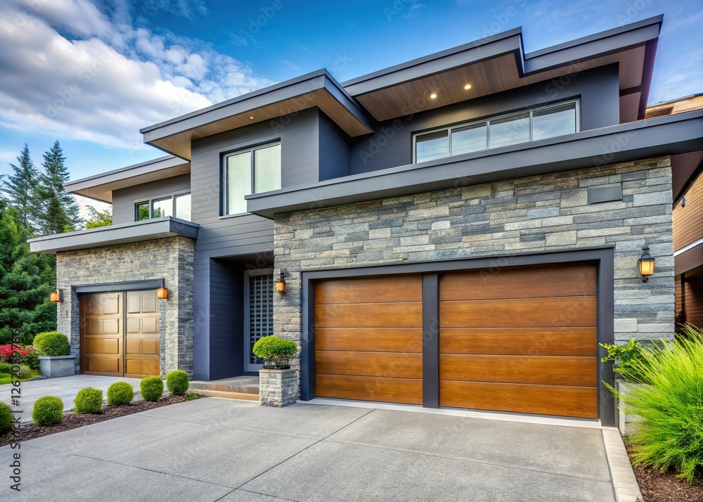 Modern Home Exterior with Gray Garage Doors & Stone Wall - Ample Copy Space Modern Home Exterior with Gray Garage Doors & Stone Wall - Ample Copy Space