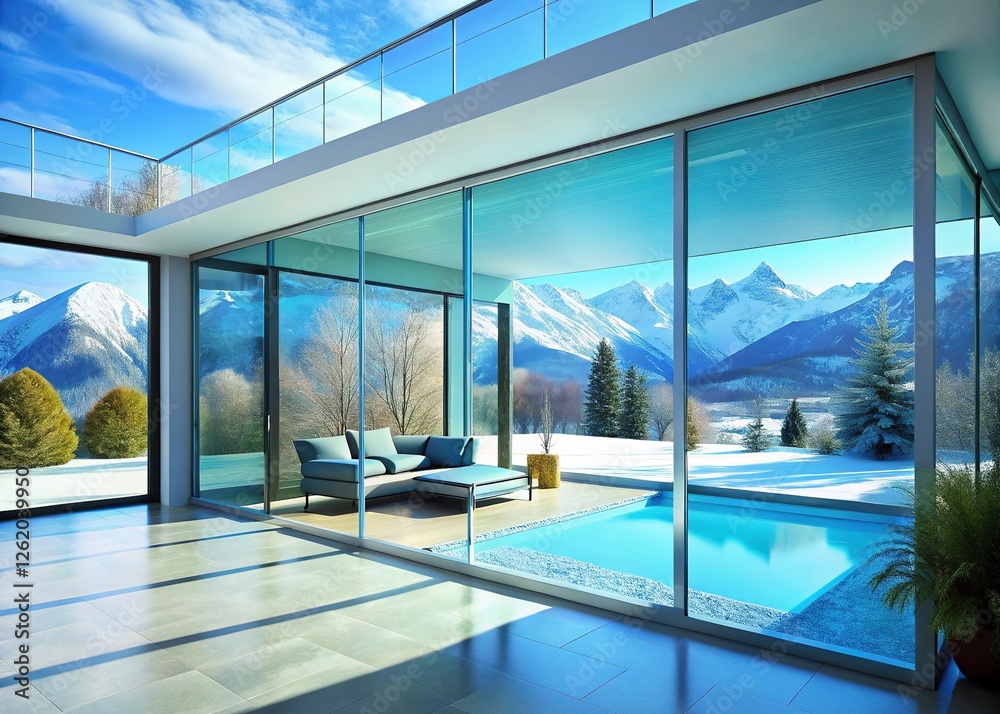 Fototapeta premium Modern Minimalist Alpine Garden Room with Sky Blue Windows & Snowy Mountain Views - High Resolution Stock Photo