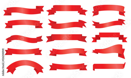 3d realistic red ribbons set. Ribbons collection isolated on white background. Design element, decorative sticker. Cute folded ribbon for sale banner, advertisement, celebrations design. Stock-Vector
