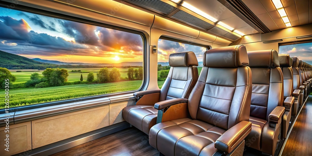 Fototapeta premium Modern Train Interior: Luxurious Leather Seats & Panoramic Countryside Views