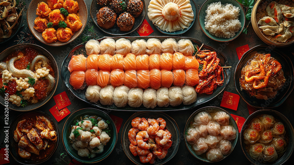 Fototapeta premium A vibrant scene of traditional Chinese food and Chinese New Year decorations, showcasing a variety of fresh fruits, vegetables, cakes, and savory dishes in a festive buffet setting