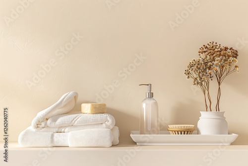 Beige wall background, shelf, soap bottle, towels, dried flowers, white bathroom, home decor mockup, front view,