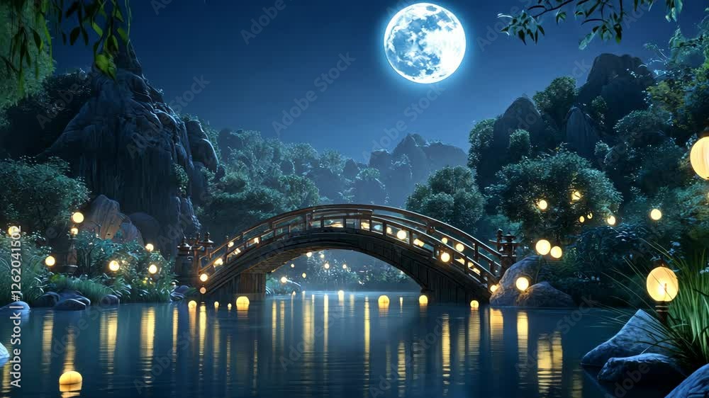 Enchanting night view with a bridge over a serene river illuminated by floating lanterns and a full moon