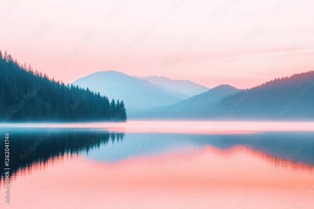 Fototapeta premium Serene mountain lake at dawn with misty reflections and pastel sky hues