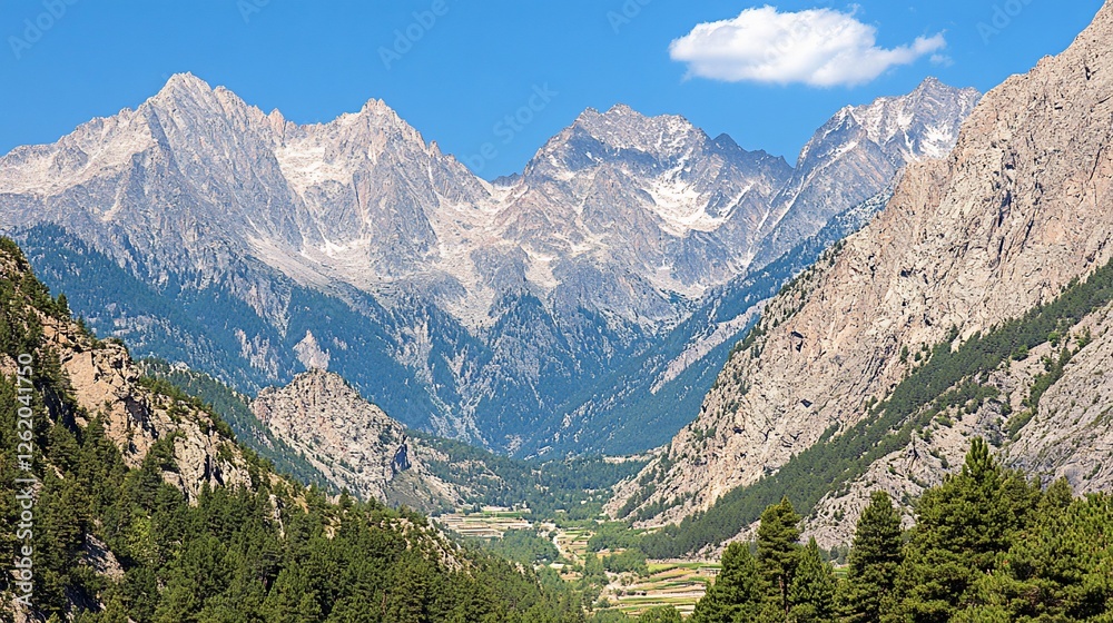 Fototapeta premium Majestic Alpine valley panorama, sunny day, clear sky