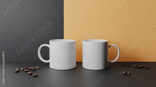 Two White Coffee Mugs with Coffee Beans on a Two-Tone Background photo