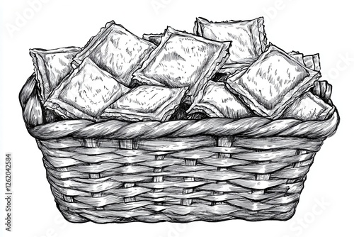 Hand-Drawn Basket Filled with Square Snacks or Desserts in Black and White