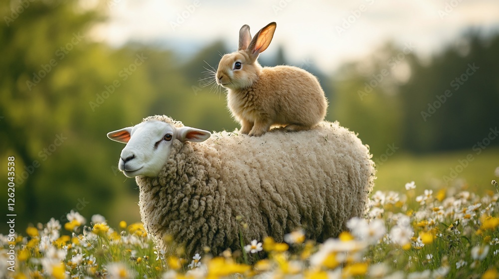 Adorable bunny rabbit sitting on a fluffy sheep in a blooming meadow. Adorable bunny rabbit sitting on a fluffy sheep in a blooming meadow.