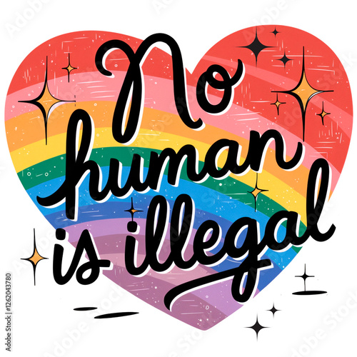 No Human Is Illegal LGBTQ+ Pride PNG, A heart-shaped rainbow design with the phrase 