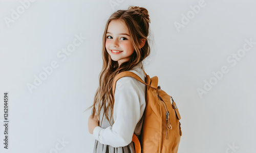 Happy little girl with a mustard yellow backpack, ready for school.  She's smiling and looking over her shoulder.