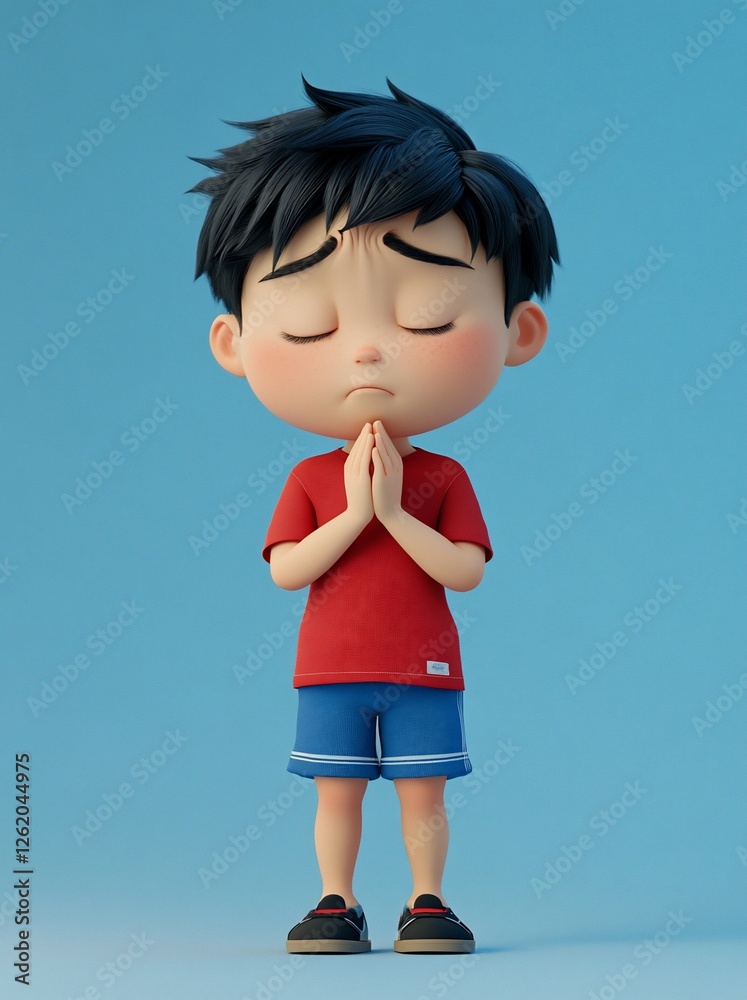 Sad cartoon boy praying with closed eyes and clasped hands. Sad cartoon boy praying with closed eyes and clasped hands.