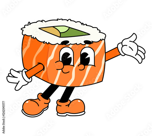 Retro sushi mascot logo, sake sushi roll, salmon sushi sushi Welcome pose