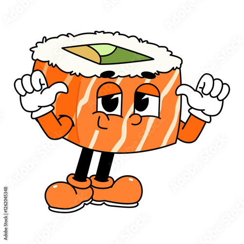 Retro sushi mascot logo, sake sushi roll, salmon sushi sushi optimistic pose