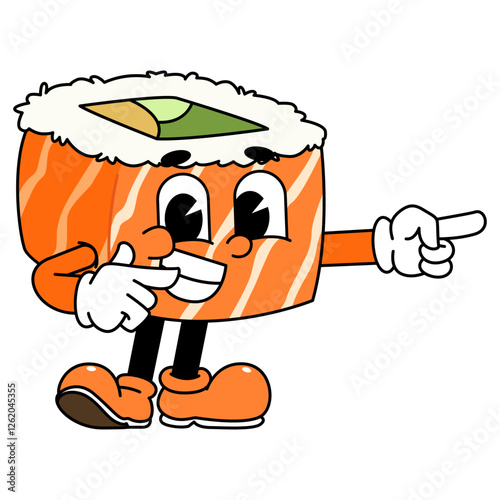 Retro sushi mascot logo, sake sushi roll, salmon sushi sushi pointing with right hand