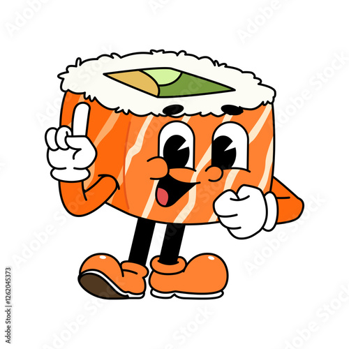 Retro sushi mascot logo, sake sushi roll, salmon sushi sushi pointing up