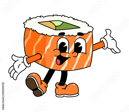 Retro sushi mascot logo, sake sushi roll, salmon sushi sushi welcome pose