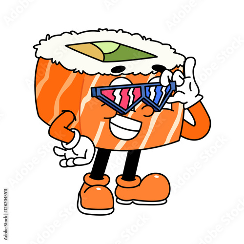 Retro sushi mascot logo, sake sushi roll, salmon sushi sushi wearing glasses