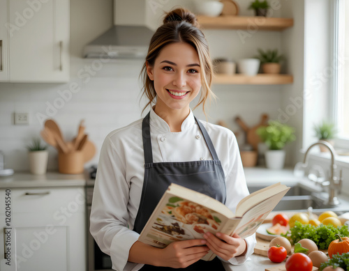 A smiling female chef in a professional uniform reads her own culinary book in a bright home kitchen, taking a break from cooking while looking at the camera.