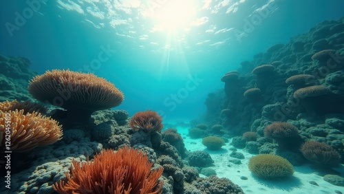 Underwater view of coral reef affected by bleaching with sunlight streaming down	 photo