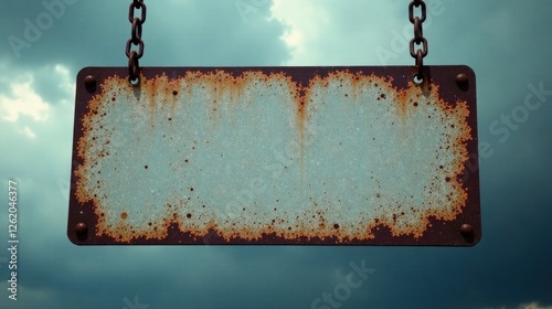 A weathered, rusty metal sign hangs from chains against a dramatic, cloudy sky, ready for your message.