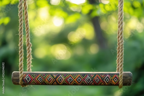 Rustic wooden swing hangs idyllically in a green garden photo