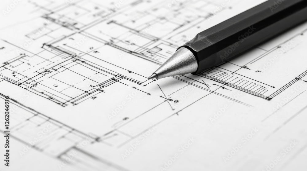 Architectural blueprints with pen, home design, technical drawing, professional planning Architectural blueprints with pen, home design, technical drawing, professional planning