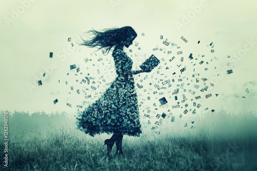 Silhouette of a woman dissolving into letters while reading a book, symbolizing imagination, knowledge, and creativity in a surreal atmosphere