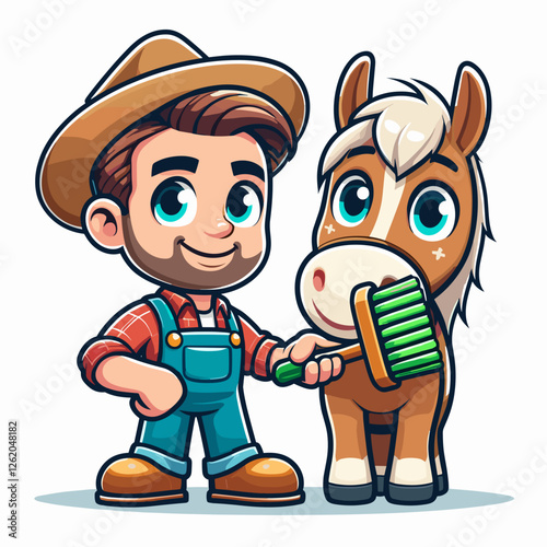 Farmer grooming a horse