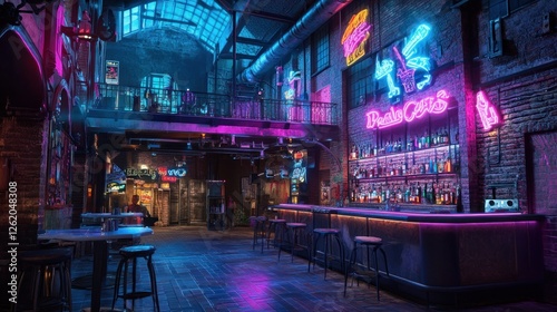 Bar space lighting design in pink and blue decorative color theme