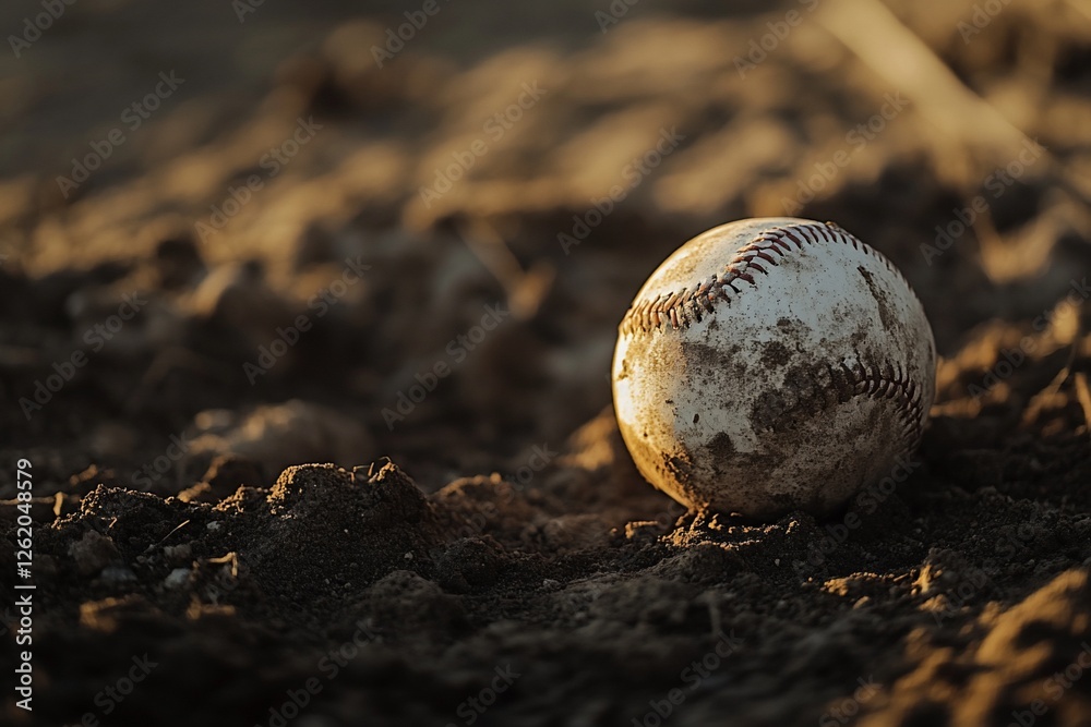 Close-up of a muddy baseball resting on the dirt ground during sunset.