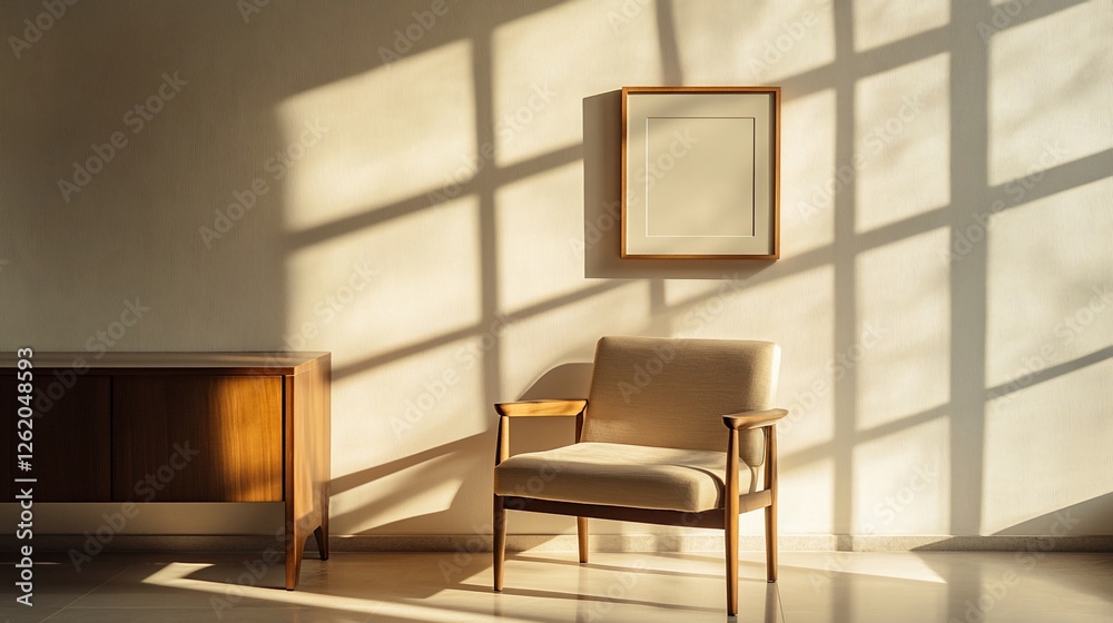Fototapeta premium Sunlight streams through window onto chair and cabinet in minimalist room.