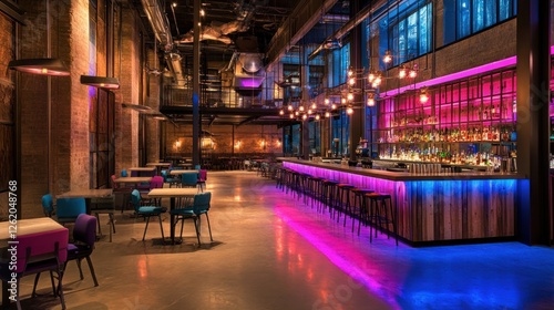 Bar space lighting design in pink and blue decorative color theme