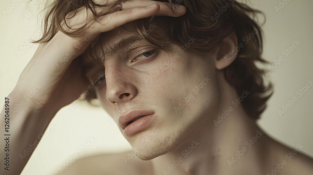 Fototapeta premium Pensive Portrait: A young man with tousled light brown hair rests his hand on his forehead, his expression conveying a sense of contemplation or introspection.
