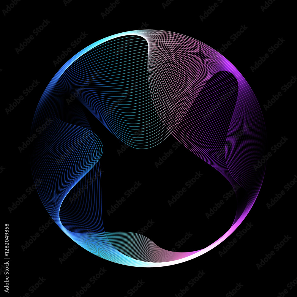 Abstract vector round shape of wavy lines flowing smooth curve colorful spectrum light on black background in concept of technology, science, music, modern.