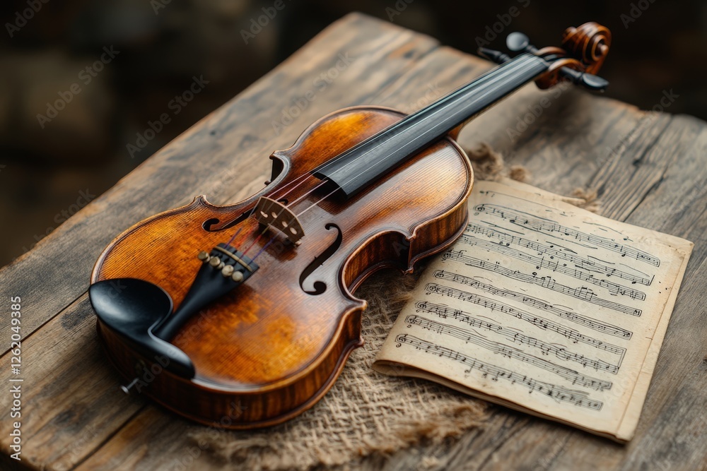 Fototapeta premium Shiny violin resting on rustic table, violin body reflecting craftsmanship, violin bow missing yet music imagined, violin and notes preserving artistic heritage.