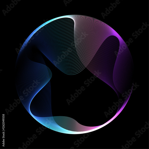 Abstract vector round shape of wavy lines flowing smooth curve colorful spectrum light on black background in concept of technology, science, music, modern.