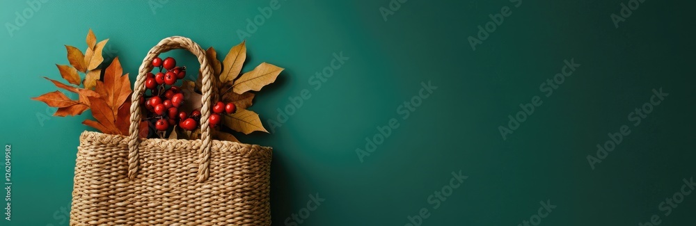 Autumn leaves and berries in straw bag on teal Autumn leaves and berries in straw bag on teal