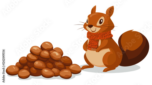 Winter Squirrel with Pile of Nuts