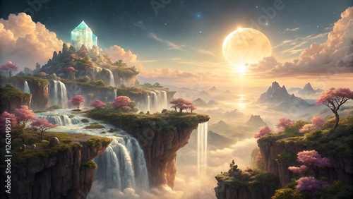 fantasy world with floating islands high above the clouds, cascading waterfalls flowing into the void, vibrant crystal-like formations on the cliffs photo
