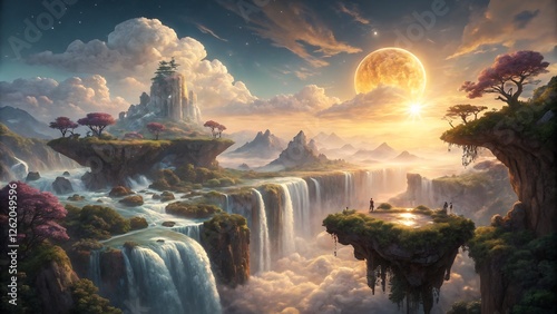 fantasy world with floating islands high above the clouds, cascading waterfalls flowing into the void, vibrant crystal-like formations on the cliffs photo
